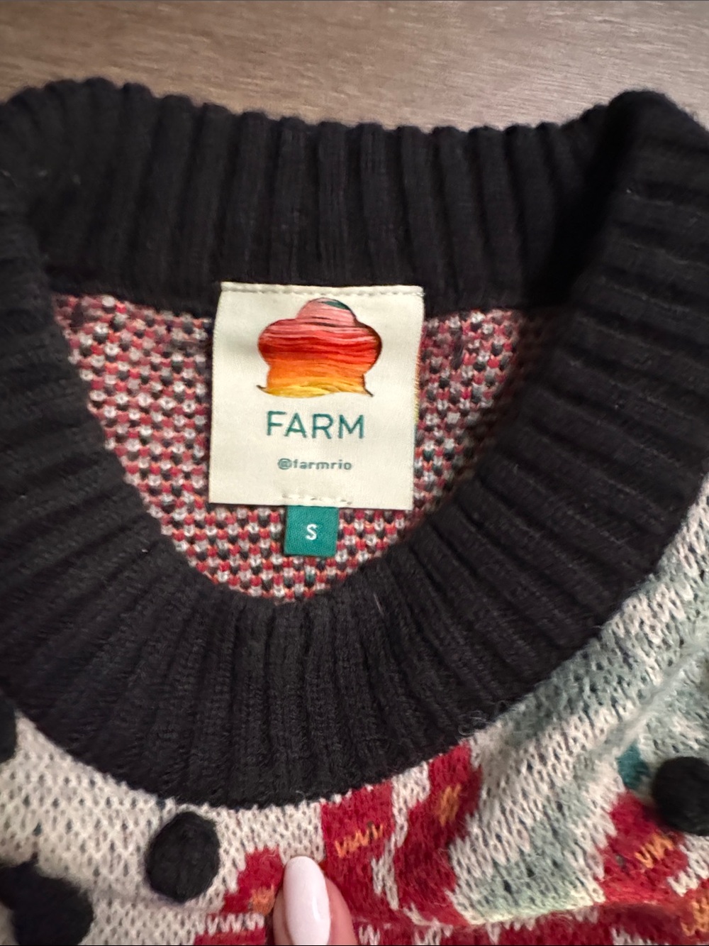 FARM Rio Cream Floral Pom-Pom Crewneck Sweater with Black Trim - Picture 2 of 2